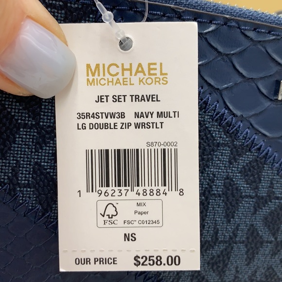 MICHAEL KORS LG DOUBLE ZIP WRISTLET WALLET NAVY MULT Crocodile Leather Snakeskin - Picture 8 of 14